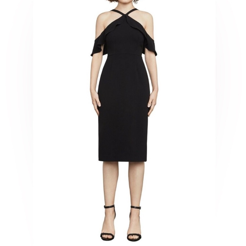 BCBGMaxAzria Black Cocktail Midi Dress Cold Shoulder - Preloved